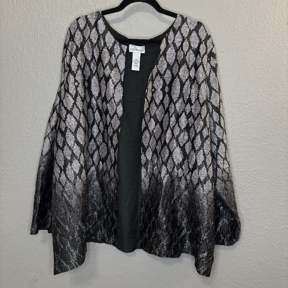 Catherines Women 3X Black Silver Reversible Dressy Open Front Evening Jacket‎